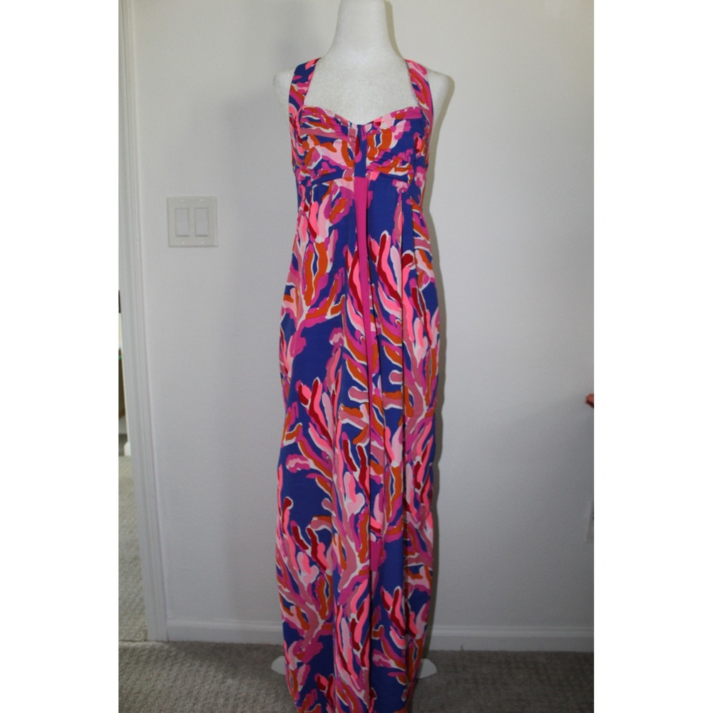 Southern Frock Women's XS Pink‎ Blue Abstract Coral Print Maxi Dress Criss Cross